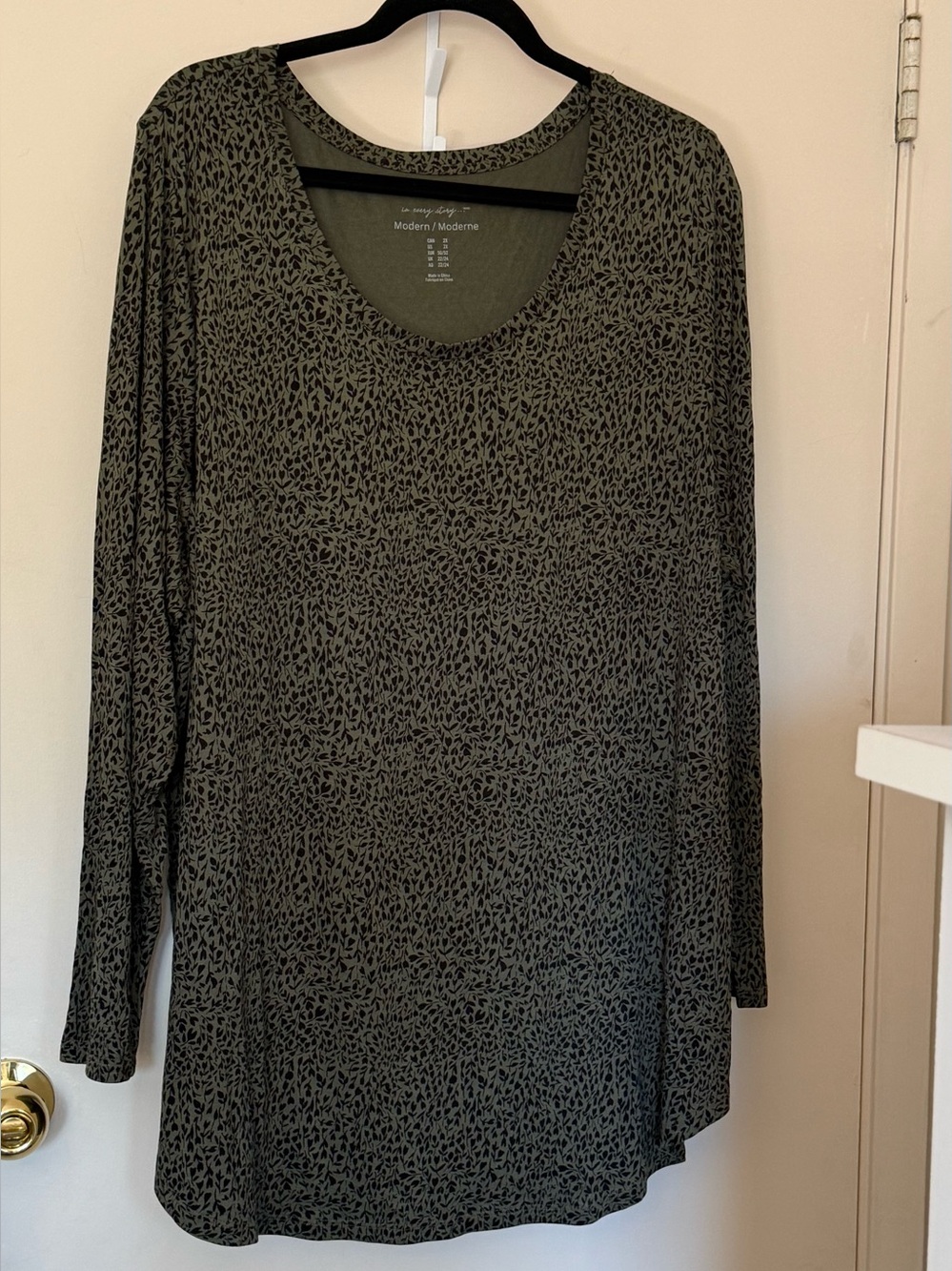 Penningtons Olive Green Long Sleeve Scoop Neck Top with Micro Print